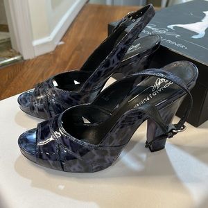 Donald J Pliner Vana Women Patent Leather Blue Black Leopard Print Chunk…